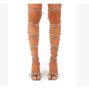 Mata Silver Lace Up Bow Square Toe Heels Womens 8 Martini Heel Clear Sparkle EUC